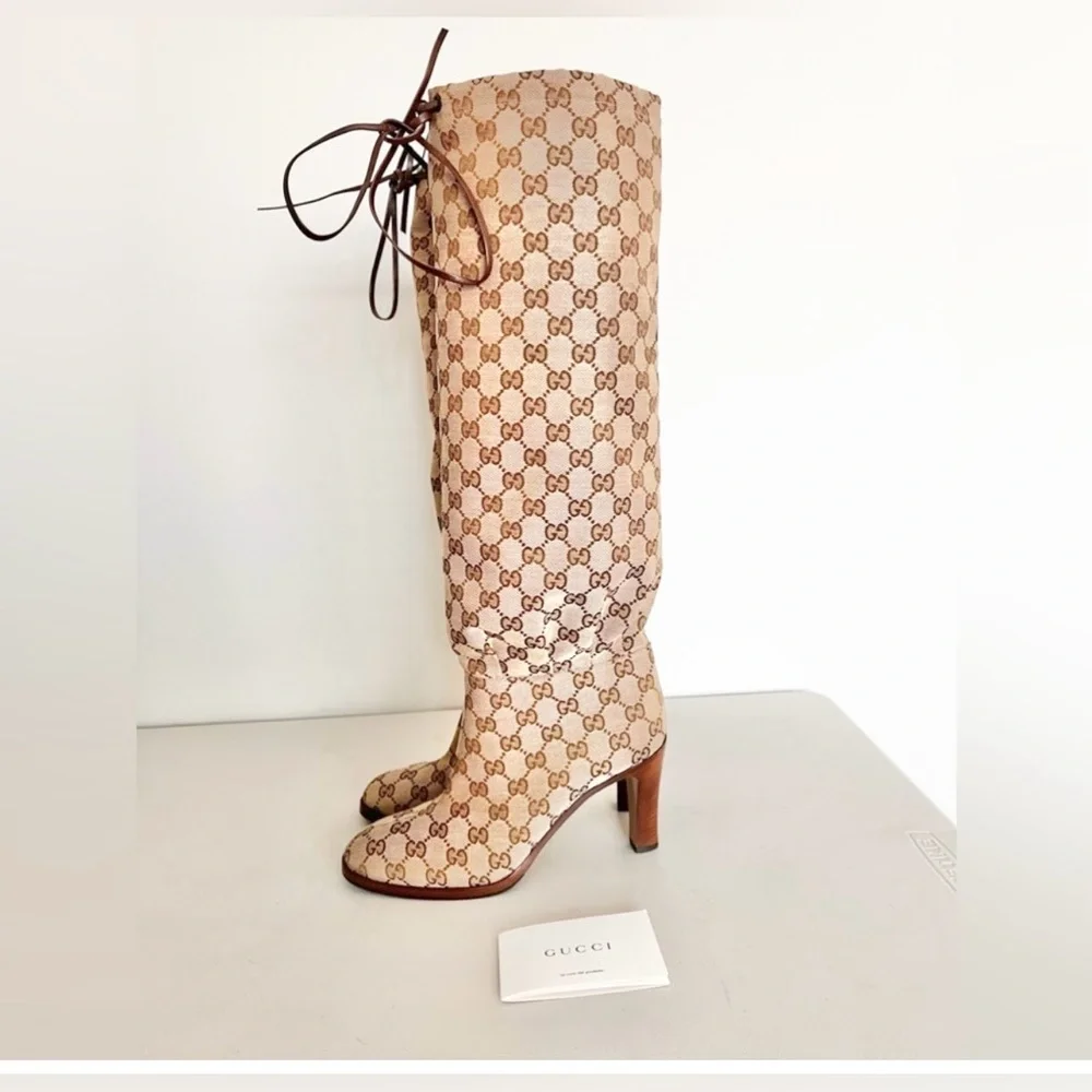 Gucci Beige GG Monogram Knee-High Boots - Picture 5 of 10